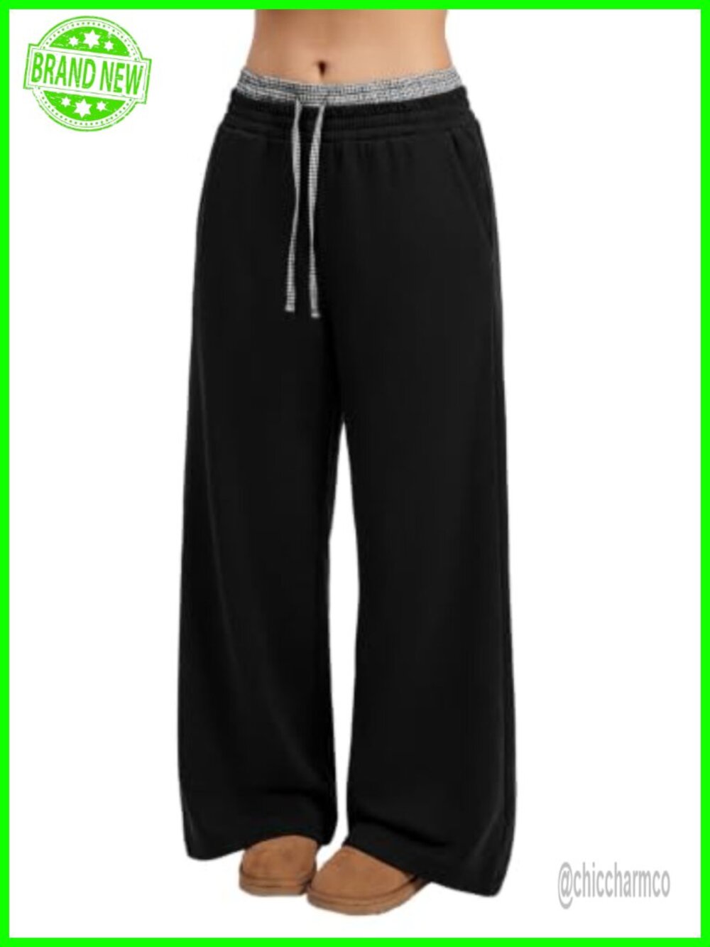 Wide Leg Sweatpants Double Waistband Drawstring Pockets Pull On